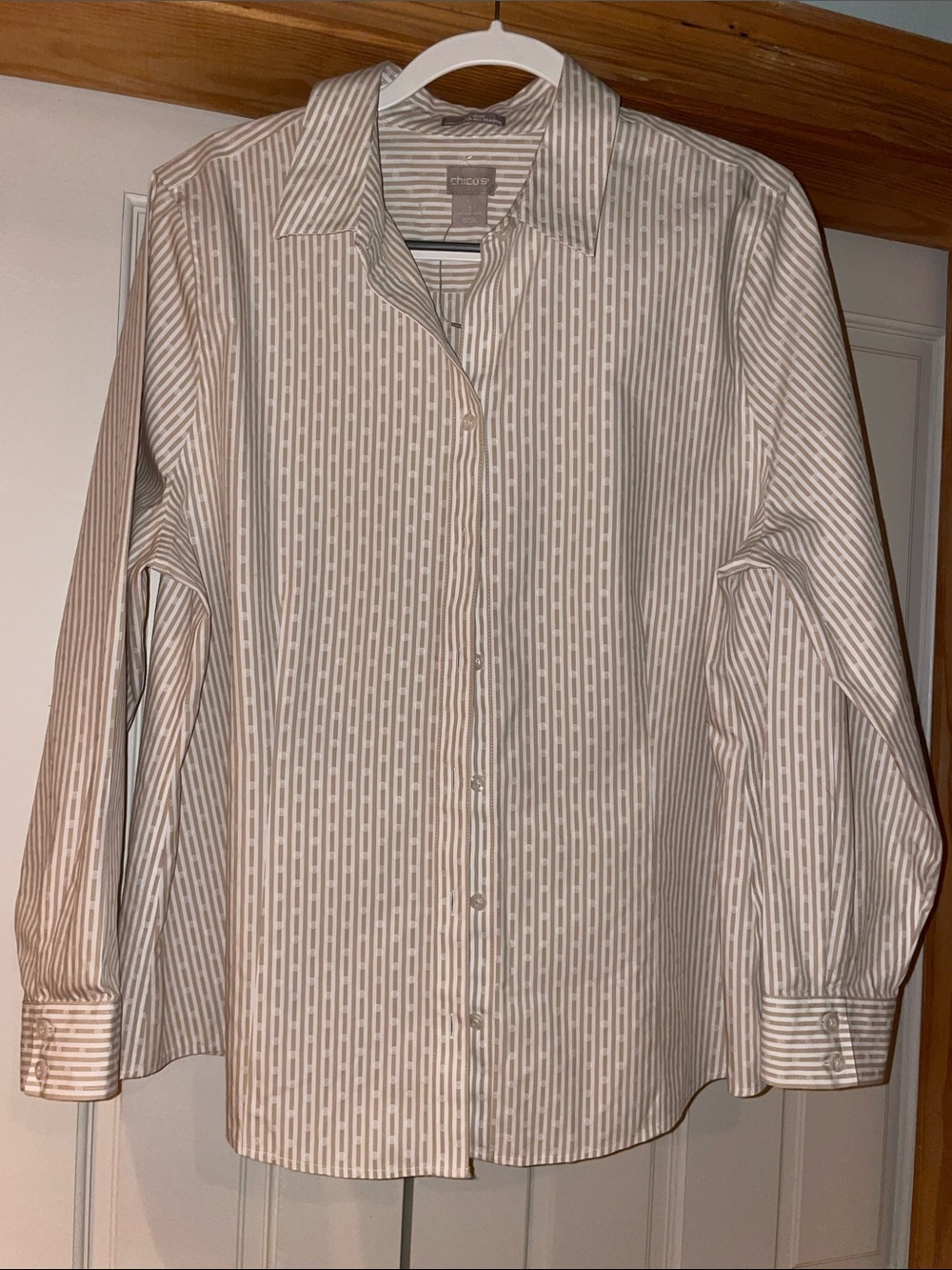 Chico's Cream and White Striped Button-Down No Iron Shirt Size 3 NWT